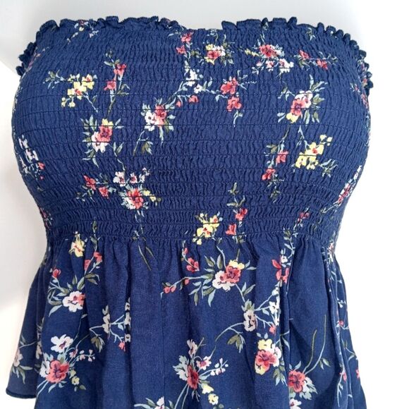 GARAGE Women’s Blue Floral Smocked Crop Tube Top Medium Strapless Peplum - Picture 4 of 8
